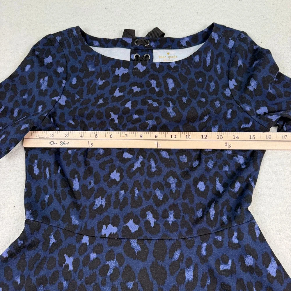Kate Spade Fit Flare Dress Small Blue Leopard Print Lace Up Back Skater Preppy